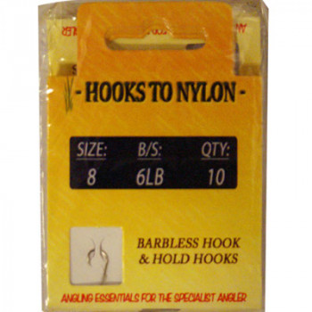 A PACK OF 10 BARBLESS HOOKS TO NYLON 6LB BREAKING STRAIN (SIZE 8)
