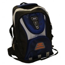 Blue Sport style rucksack, back pack with a number of zips storage compartments and night warning orange light reflector